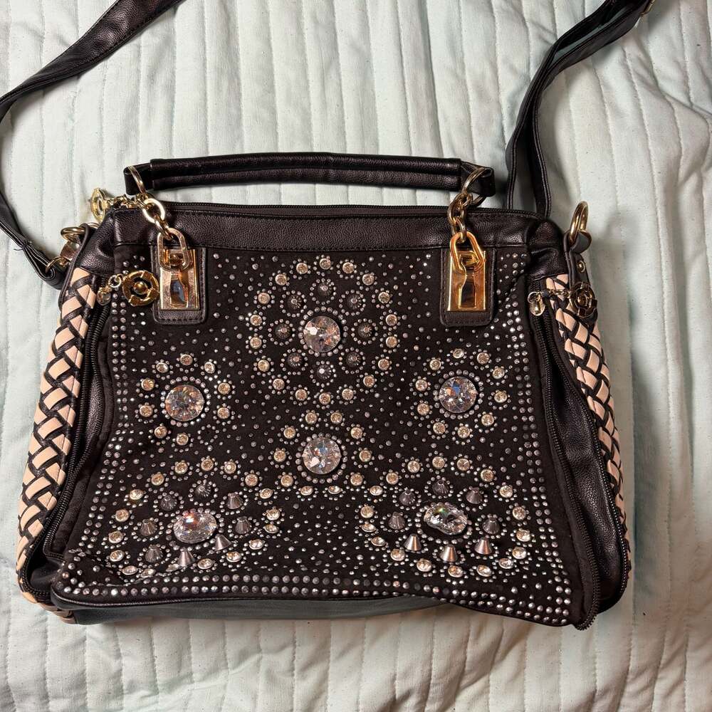 Black and Beige Woven Satchel Handbag with Rhinestone and Stud Embellishments